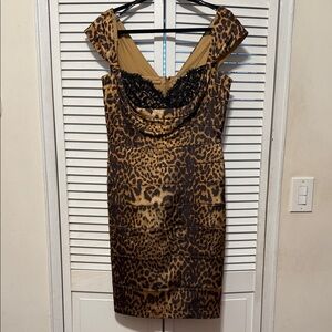 Tadashi Shoji Leopard Print Midi Dress with Black Lace